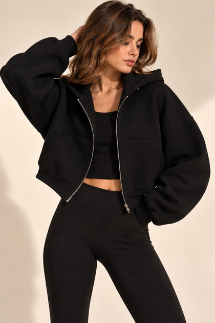 Kadın 3 İplik İçi Şardonlu Kapüşonlu Fermuarlı Crop Sweatshirt Hırka