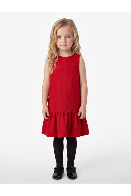 Crew Neck Textured Shirred Detail Sleeveless Tweed Dress