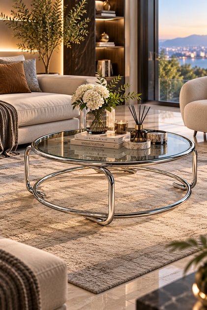 Orta Sehpa 304 Paslanmaz Krom, Metal Orta Sehpa, Salon Sehpası, Parlak Krom Sehpa, Temperli Şeffaf Cam
