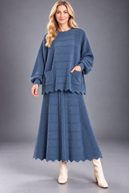 Cotton Knitted Sweater Skirt Double Set with Pockets Knitwear Women's Set