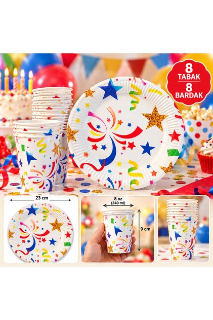 Colorful Confetti Themed Paper Plate and Cup Set 8 Plates 8 Cups