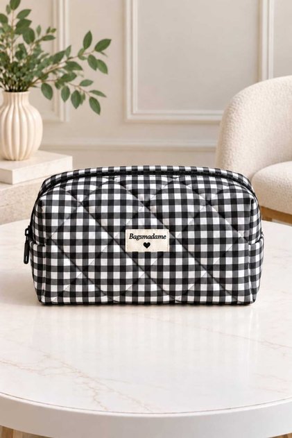 Black Gingham Patterned Travel Organizer and Makeup Bag 20X19 cm Large Size