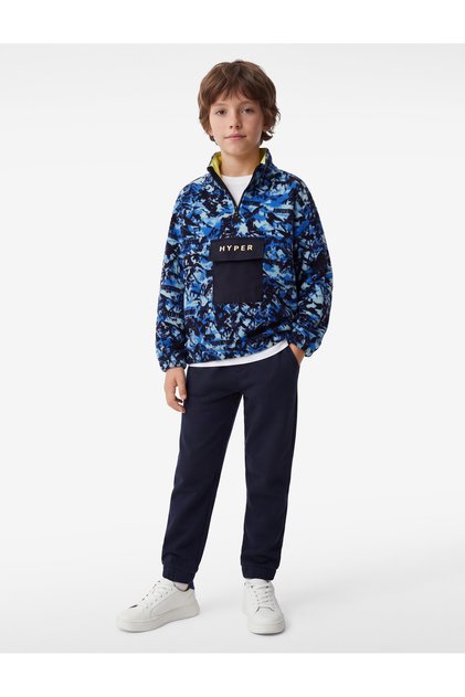 High Collar Patterned Oversize Fleece Blue Boys' Sweatshirt 7Wkb10054Tk