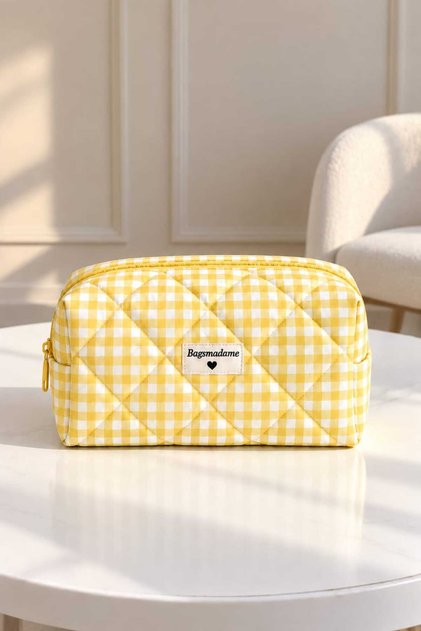 Yellow Gingham Patterned Single Compartment Zippered Cosmetic Organizer Pen Holder Travel and Makeup Bag