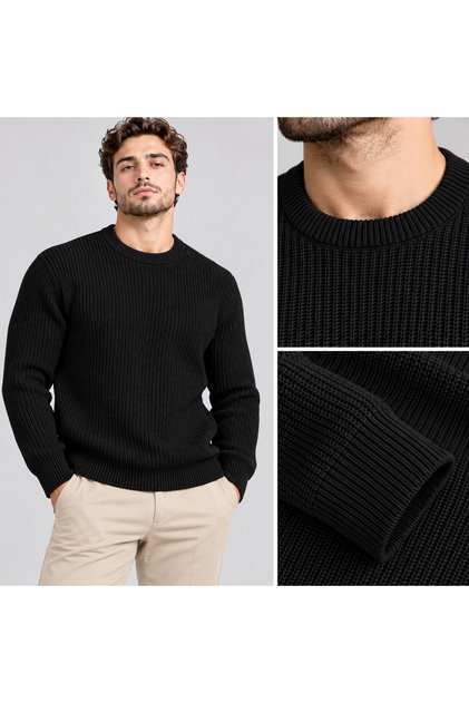 Black Comfortable Ribbed Crew Neck Men's Knitwear Sweater