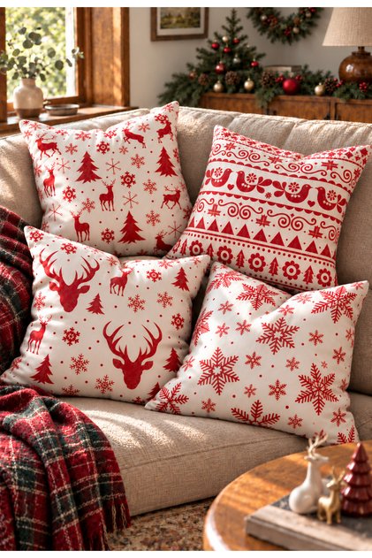 Digital Printed Throw Pillow Cover with Merry Christmas Text and Deer Pattern
