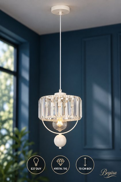 Galon Tekli Lux Kristal Beyaz Sarkıt Avize, Modern Dekoratif Avize, Kristal Avize, Tavan Aydınlatma, Hol, Koridor ve Antre Aydınlatması