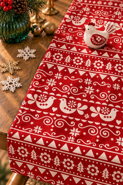 Red Christmas Snowflakes And Deers Patterned Quality Velvet Fabric 45x140 Cm Decorative Runner