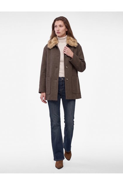 Long Sleeve Oversized Cashmere Coat with Detachable Faux Fur Collar
