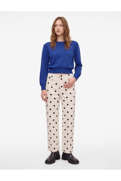 Polka Dot Patterned Regular Waist Straight Leg Cotton Denim Trousers with Pockets - Straight Jeans