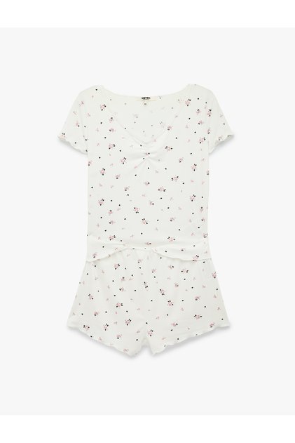 Floral Patterned Comfortable Fit Short Sleeve Lace Detailed Shorts Pajama Set