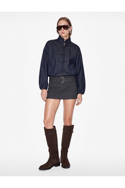 Long Sleeve High Collar Decorated Buttoned Denim Bomber Jacket