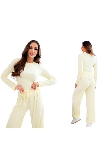Set de damă galben din viscoză, cu bluză și pantaloni largi