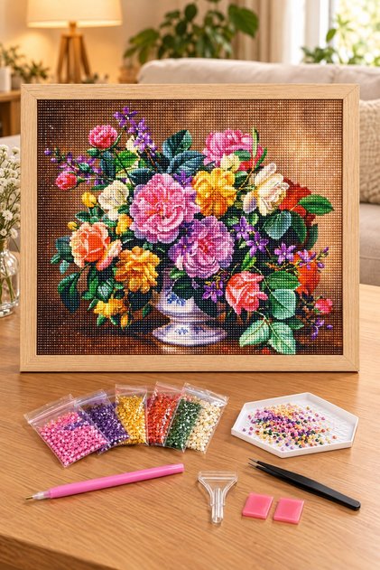 Diamond Painting Puzzle Kit, Colorful Roses in a Porcelain Bowl 50X65 cm Mosaic