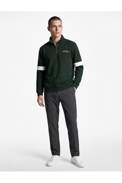 Fleece-Lined Long Sleeve College Embroidered Color Contrast Half Zipper Sweatshirt