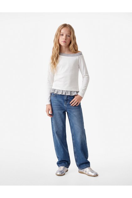 Ribbed Asymmetrical Cut Viscose Blend Boat Neck Long Sleeve Slim Fit T-Shirt