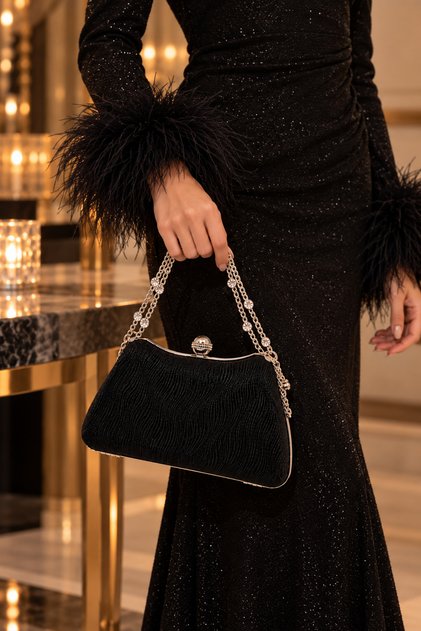 Beegi Black Wave Pattern Evening Dress Clutch with Zircon Strap and Shoulder Strap for Wedding Invitations, Parties, and Evening Events