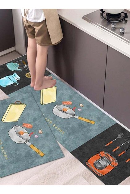 طقم سجاد مطبخ من قطعتين، بتصميم هندسي متعدد الألوان فائق الامتصاص ومضاد للإرهاق
