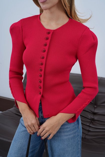 Women's Red Velvet Buttoned Knitwear Cardigan