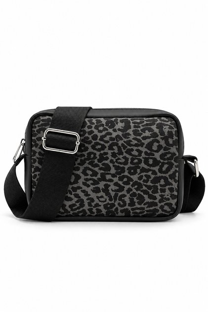 Women's Black Leopard Patterned Cross Strap Zippered Adjustable Strap Model Handbag and Shoulder Bag
