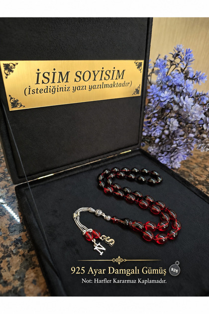 Ateş Kehribar Tesbih 925 ayar Gümüş Püskül , Kadife Kutu , Harfli Kişiye Özel Seri, Sıkma,tespih Usta işi Gümüş