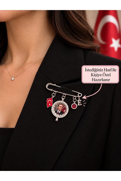 Kişiye Özel Harfli Ata Çengeli – Atatürk Portreli Türk Bayraklı Broş - Hatıra Çengeli