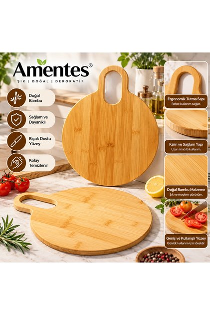 Round Wooden Bamboo Cutting Board - Chopping Board with Handle = 28 X 35 cm