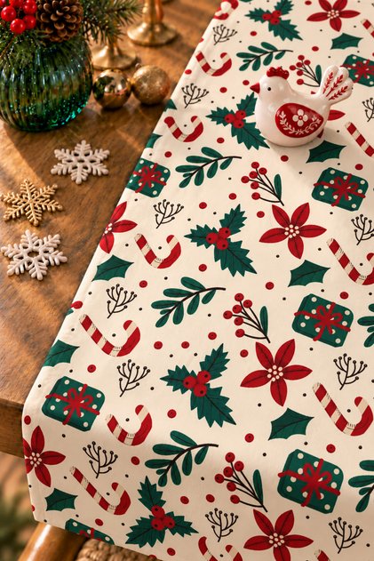 Happy New Year - New Year's Ornaments Patterned Quality Velvet Fabric 45x140 Cm Decorative Runner