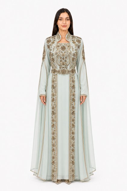 Women's Long Caftan with Hand Embellishments and Extended Sleeves Above the Wrist Model 08