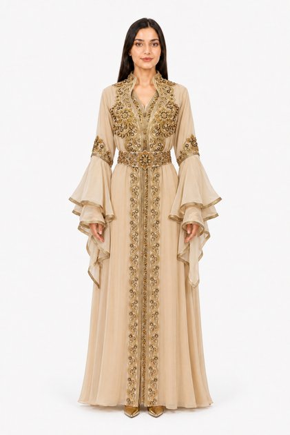 Women's Long Caftan with Hand Embellishments and Shiny Stones Work Butterfly Sleeves