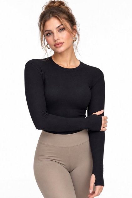 Black Women's Crew Neck Finger-Loop Long Sleeve Body/Blouse