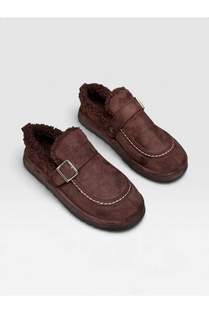 Brown Suede (Jales) Women's Sabo Slippers with Fur Inside and Buckle Detail