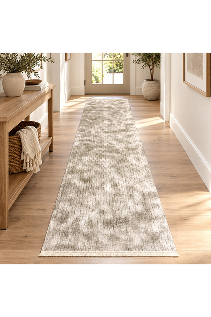 Traversă hol antiderapantă, 80x300 cm, Welsoft, model abstract, bej-taupe, TRV4212