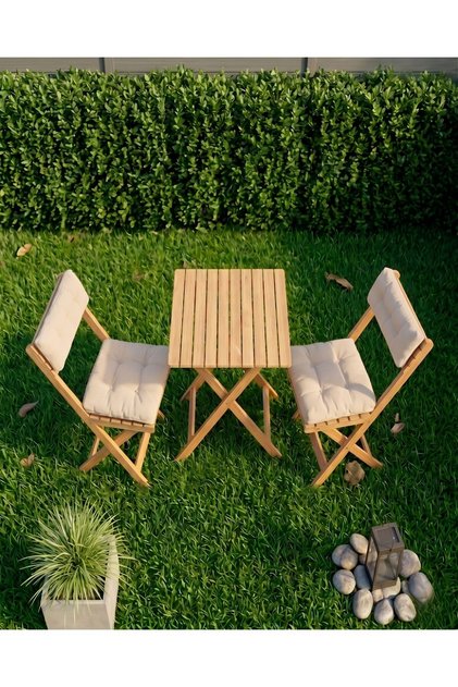 Duo Mutfak Balkon Bahçe Katlanır Sütlü Kahverengi Minderli Masa Sandalye Bistro Set