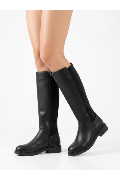 Women's Black Long Boots Below the Knee, Comfortable Non-Slip Sole, Winter Waterproof Stretchy Stylish Leather Look Boots