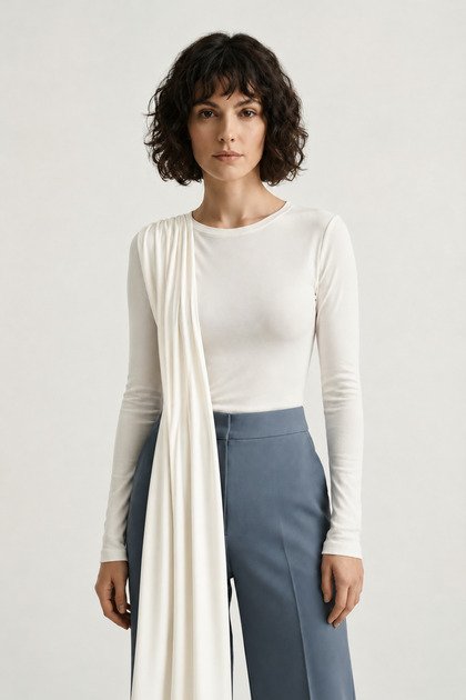 Women's Ecru Draped Shawl Detailed Long Sleeve Design Blouse