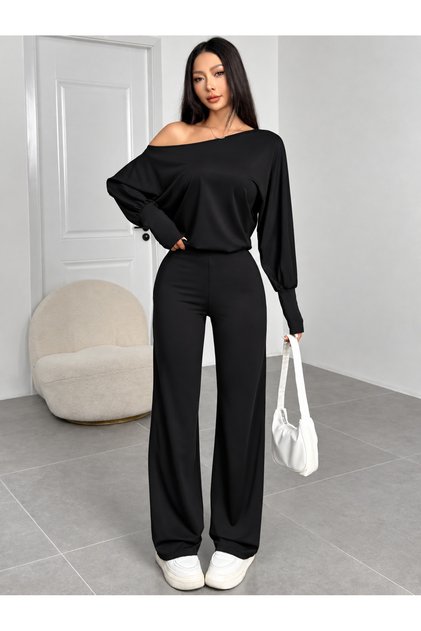 Black Boat Neck One-Shoulder Low Balloon Sleeve Blouse and Wide-Leg Pants Two-Piece Set