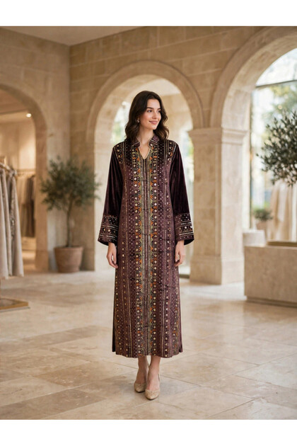 Women's Geometric Sequin Embroidered Velvet Winter Wear Jalabiya