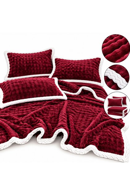 Set Pătură Pufoasă Dublă cu 2 Fețe de Pernă, Vișiniu Bordo cu Margini Albe, 200x230 cm, 3 Piese