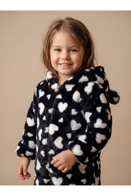 Girl's Heart Patterned Hooded Plush Coat