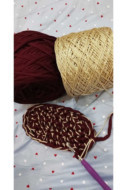 Double Set: 1 Piece of Burgundy Colored Combed Cotton Thread (300Gr) 1 Piece of Polyester Macrame 3mm Gold Glitter (250Gr)