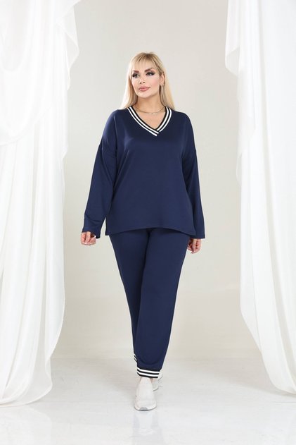 Women's Navy Blue Plus Size Collar Striped Detail Long Sleeve Elastic Waist V-Neck Tracksuit Set