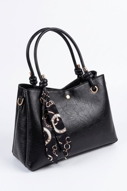 Women's Scarf Detailed Shoulder Bag with Knot Handles and Cross Strap – Black
