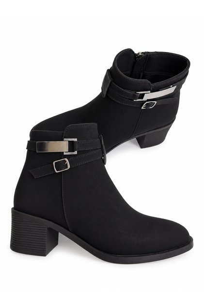Women's Emerald Smoked Silver Buckle Modern Zippered Thick Heeled Ankle Boots