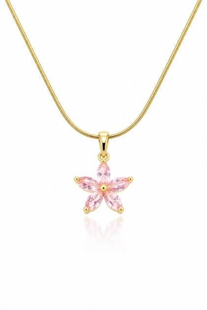 Lotus Çiçeği Pembe Taşlı Altın Renk Çelik Kadın Kolye