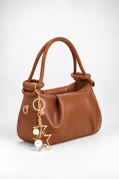 Women's Jasmine Tan Faux Leather Drawstring Knot Handle Mini Hand and Shoulder Bag with Star Accessories