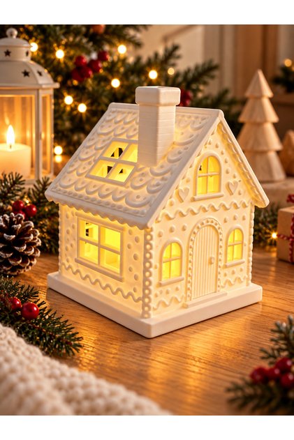 3D Baskı Işıklı Yılbaşı Evi Dekoratif LED Mumluk – Kış Köyü Tasarımı