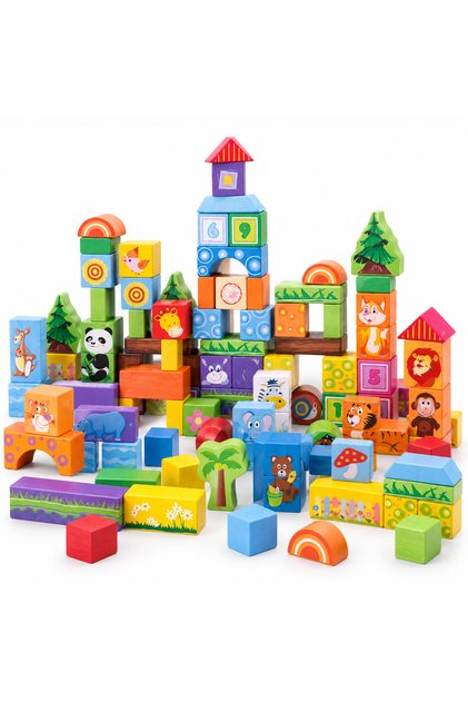 Cuburi de Construcție din Lemn 100 Piese cu Animale și Copăcei – Jucărie Educativă Montessori 3+ Ani