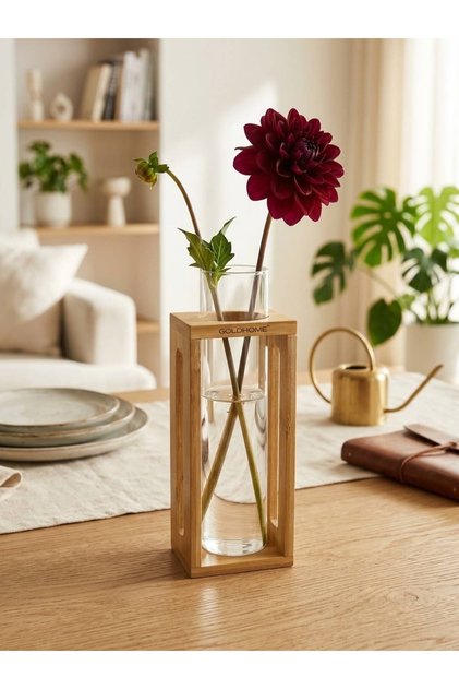 DEKORATİF AHŞAP ÇERÇEVELİ MASAÜSTÜ 26 CM CAM VAZO AHŞAP STANTLI CANLI VE KURU ÇİÇEK VAZOSU