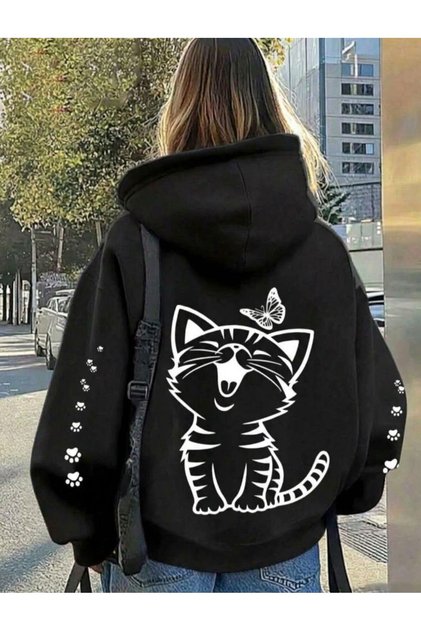Mooda Women's Oversize 3 Thread Cat Printed Hooded Sweatshirt with Sleeve Detail